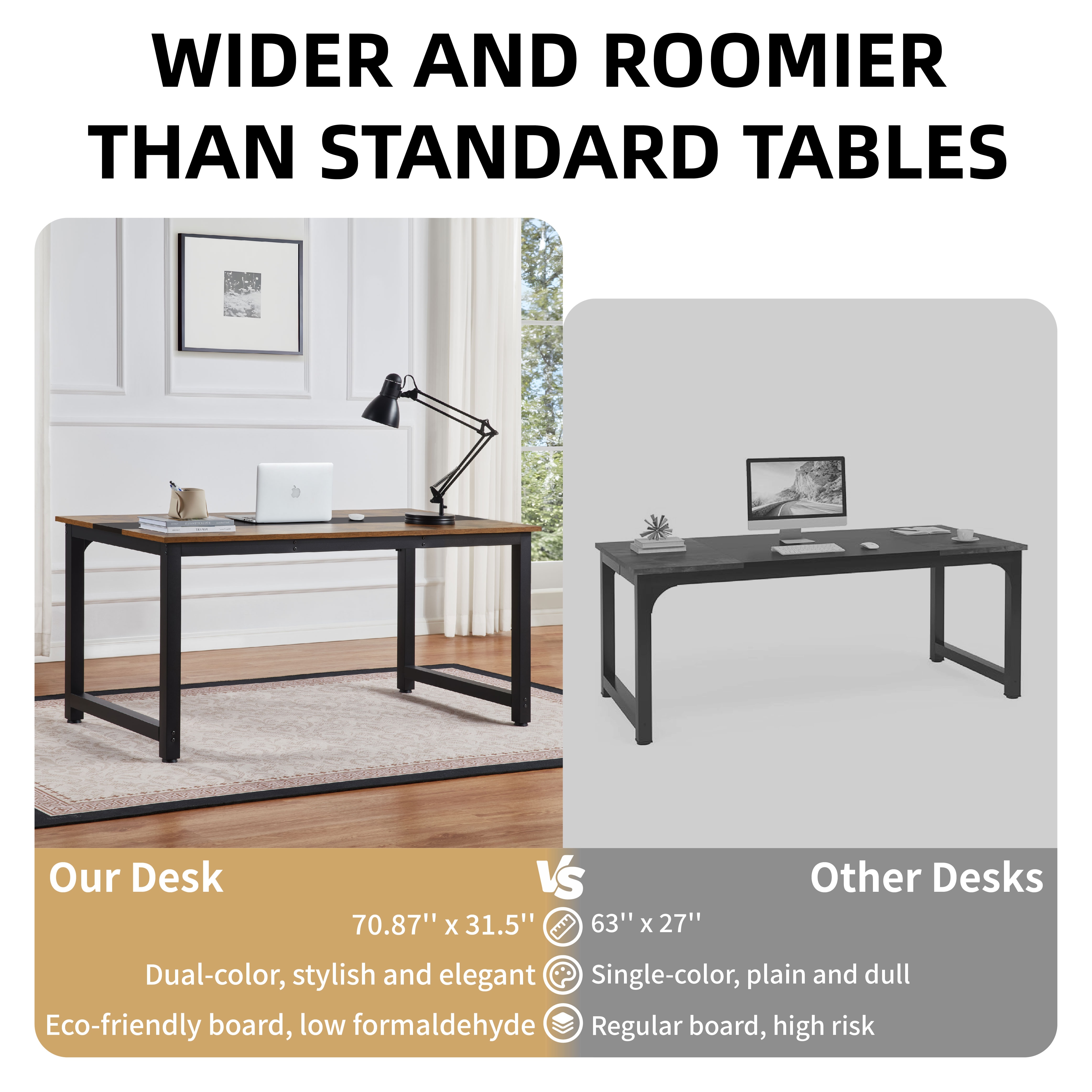 Computer Desk Large Office Desk, 70.9 Inch Gaming Desk Writing Desk Work Desk For Home Office, Study, Modern Simple Wooden Desk, Large Legroom, Metal Frame, Rustic/Black_voghion.com